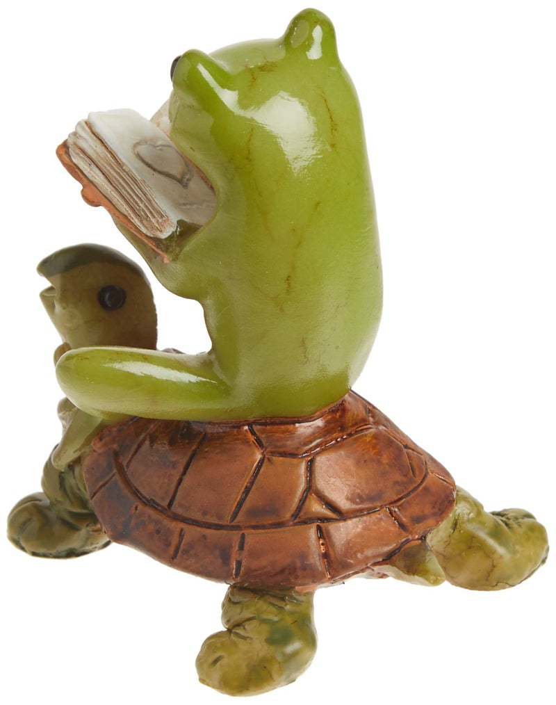 Top Collection Miniature Fairy Garden & Terrarium Frog Reading Book on Turtle Statue, Small, Green, Orange - Image 2